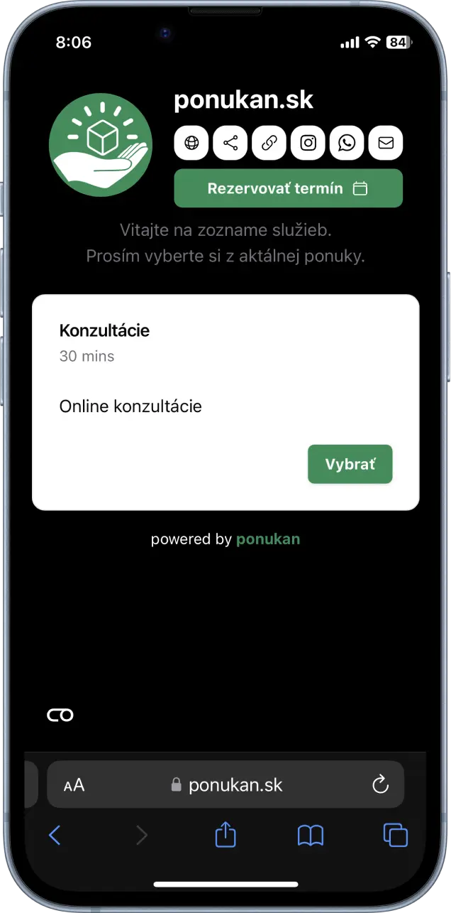 Ukážka rezervačnej stránky na mobile